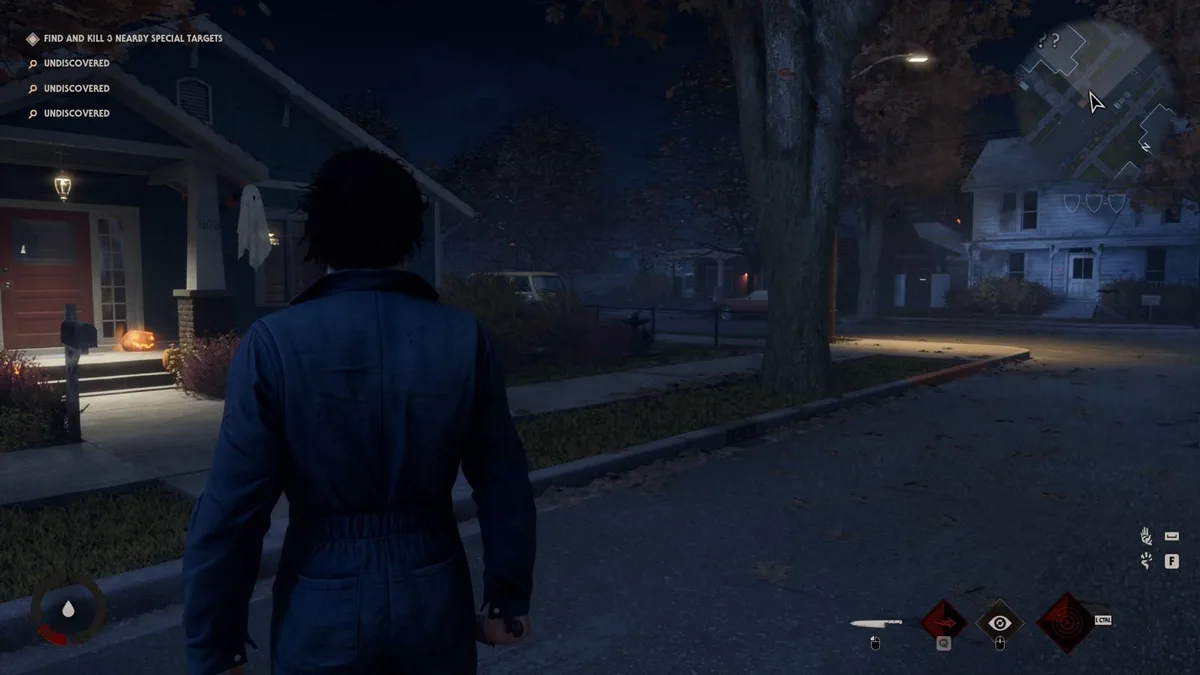 A residential street at night in Returning Home in Halloween The Game