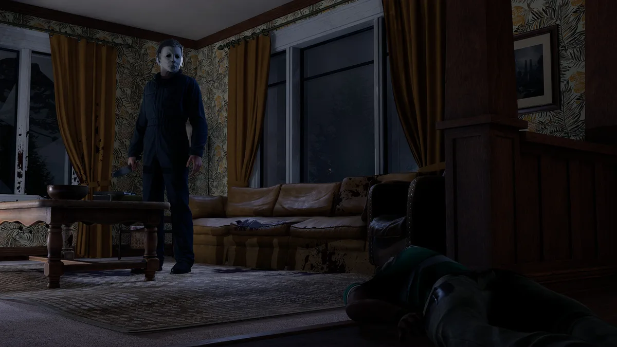 Michael Myers standing in a Haddonfield living room at night in Halloween The Game