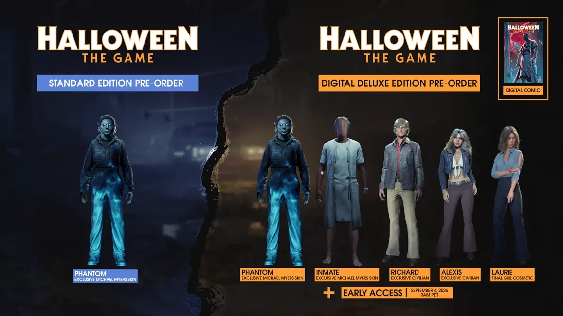 Halloween The Game deluxe contents panel listing Inmate, Richard, Alexis, Laurie and early access
